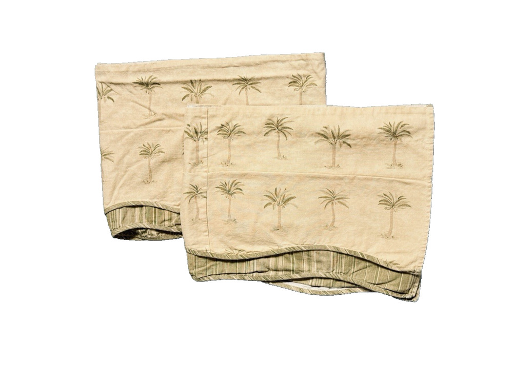 2 Discontinued Waverly Valances Curtains Neutral Green Stripe Palm Print Pair